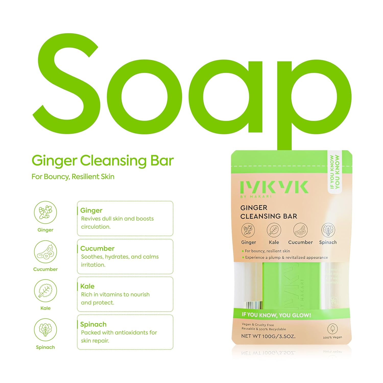 IYKYK By Makari Ginger Cleansing Bar – Moisturizing Bar Soap for Face with Ginger, Kale, Cucumber & Spinach – Gentle Facial Soap with Shea Butter