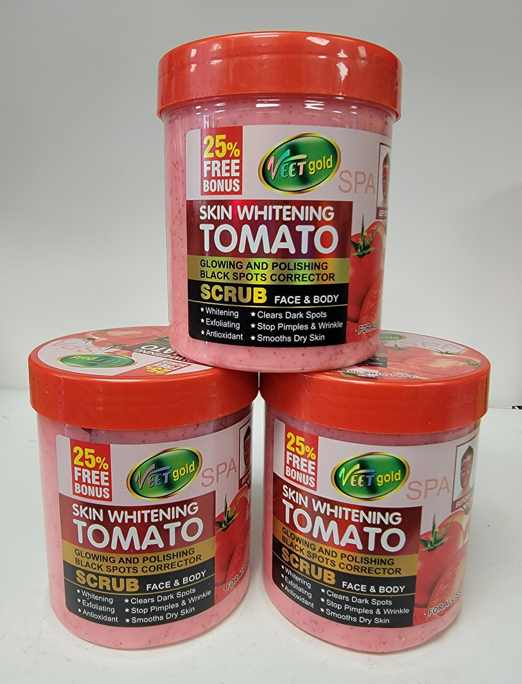 VEETGOLD SPA SKIN WHITENING TOMATO GLOWING AND POLISHING BLACK SPORTS CORRECTOR SCRUB FACE & BODY VEETGOLD