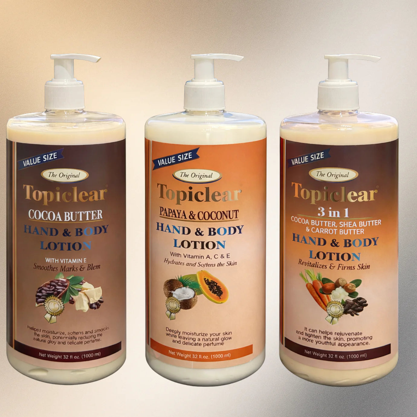 Topiclear 3-in-1 Hand & Body Lotion – Benefits 32 Oz 1100 Ml (Cocoa Butter + Shea Butter + Carrot Butter)