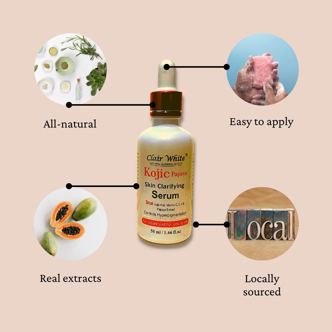 Clair White Kojic & Papaya Brightening Serum – Dark Spot & Uneven Skin Tone Care (1.7 oz)