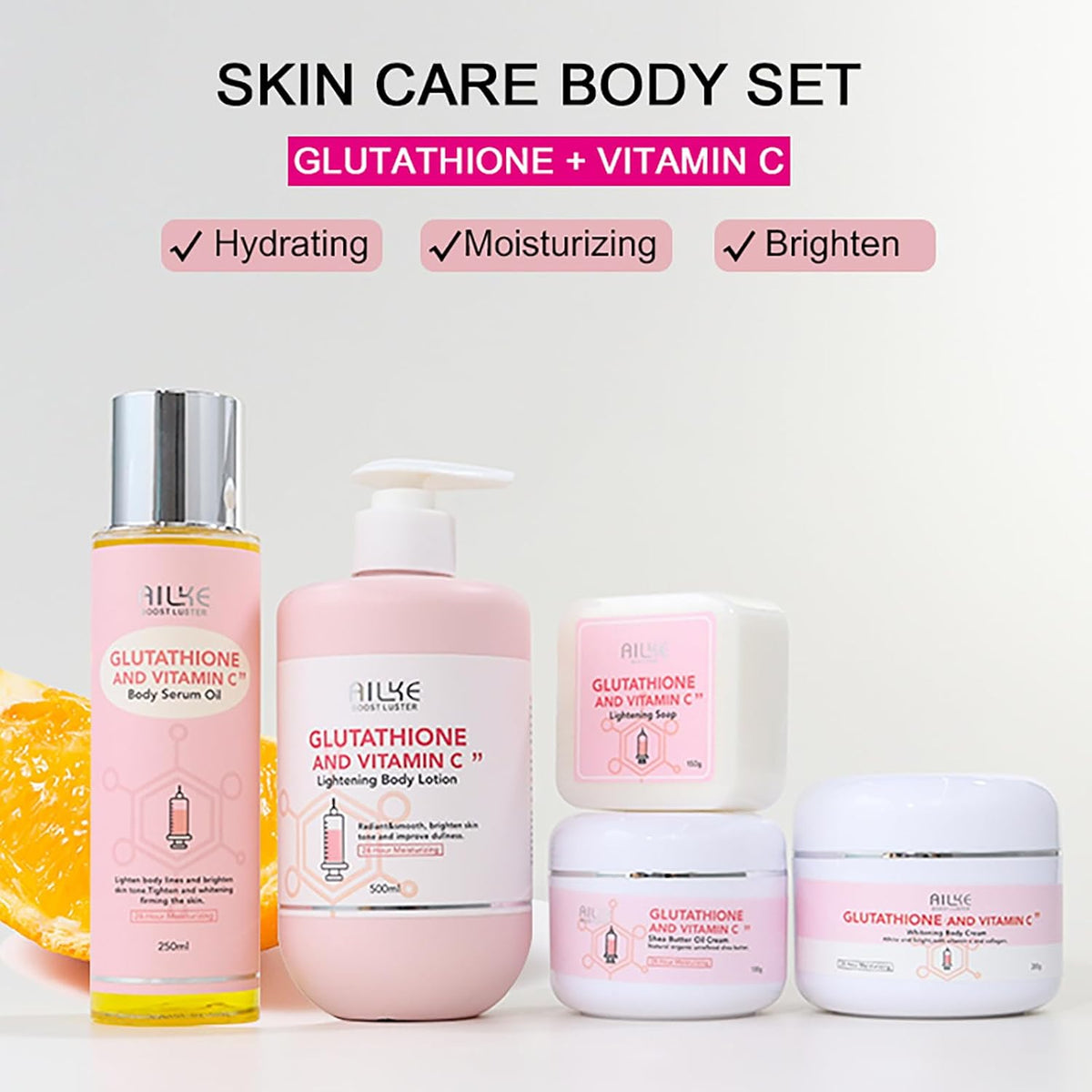 AILKE Skin Glowing 5-In-1 Range, With Glutathione, Vitamin C, Organic Shea Butter, Moisturizing, Smooth and Clean Skin, Increase Skin Radiance Gift Set