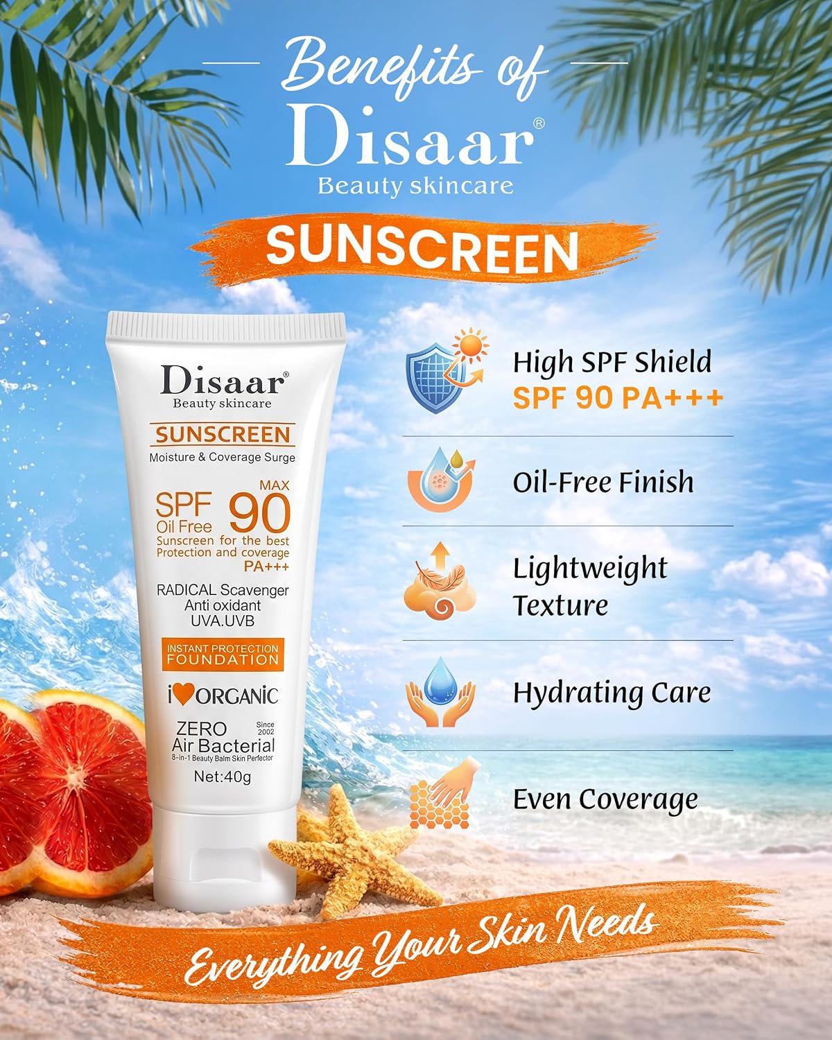Disaar Beauty Sunblock Cream – Oil-Free SPF Protection for Face & Body, Lightweight Daily Sunscreen with Non-Greasy