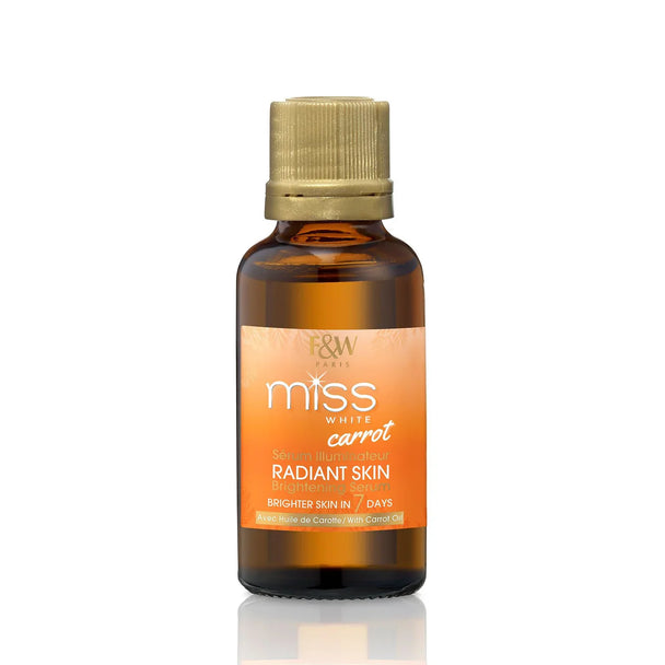 Miss White Carrot Brightening Serum bottle with gold cap and orange label, 1 oz / 30 ml.