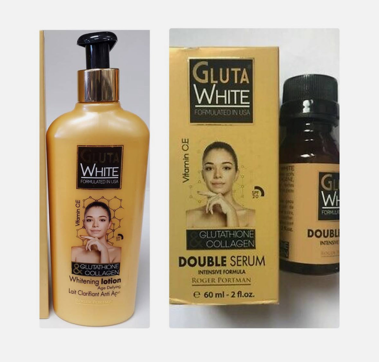 Gluta White Glutathione &amp; Collagen Whitening Lotion + Double Serum Set – Vitamin QE Age-Defying Brightening Formula 8.5OZ
