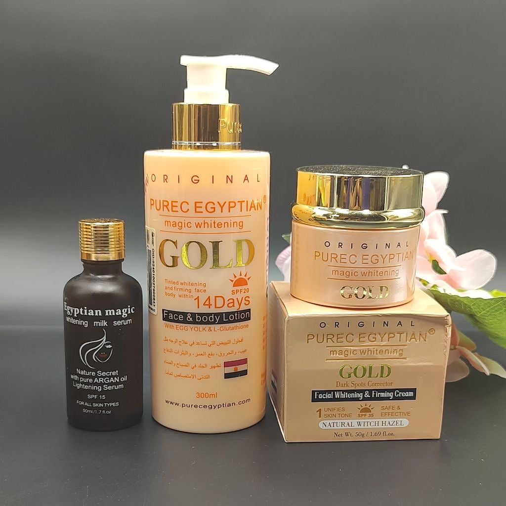 Original Purec Egyptian Gold Whitening Lotion 300ml ,Serum 50ml, Face Cream