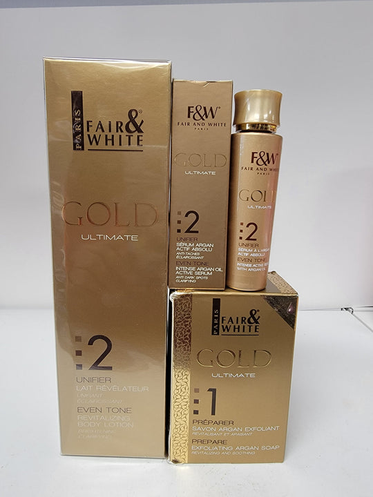 FAIR & WHITE GOLD ULTIMATE 2 UNIFIER EVEN TONE REVITALIZING BODY LOTION+ SERUM+ SOAP Fair & White Gold